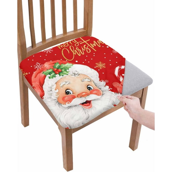 Red Santa Christmas Chair Seat Covers for Dining Room Stretch Chair Seat Covers Set of 2, Xmas Snowflake Chair Seat Protector Cushion Slipcovers for Kitchen Restaurant Office