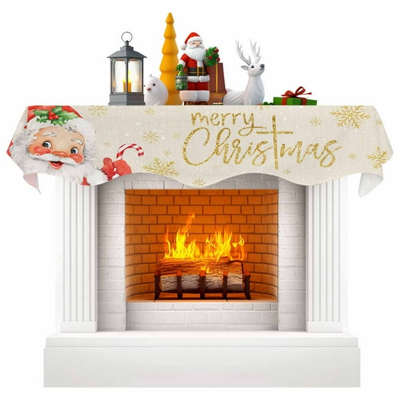 Red Santa Christmas Fireplace Mantle Scarf, Xmas Snowflake Rustic Mantel Cover Table Runner for Home Living Room Door Window, Indoor Outdoor Holiday Party Decor 17" x 70"