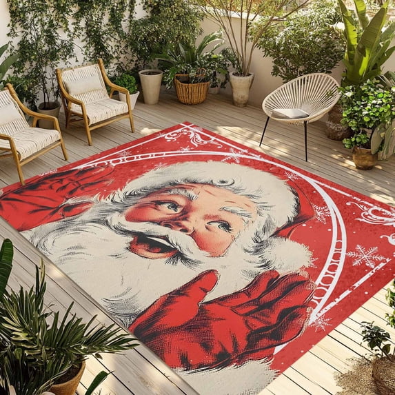 Red Santa Christmas Outdoor Rug for Patio/Deck/Porch, Non-Slip Large Area Rug 5 x 8 Ft, Xmas Snowflake Vintage Art Indoor Outdoor Rugs Washable Area Rugs, Reversible Camping Rug Carpet Runner