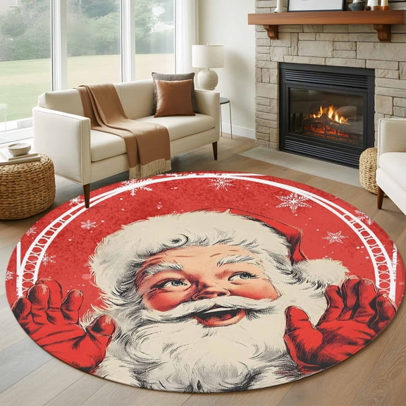 Red Santa Christmas Round Rug 5ft Washable Circle Kitchen Rugs Non Slip Xmas Snowflake Vintage Art Large Area Rug Indoor Floor Carpet for Bedroom Living Room Home Office Dining Room Nursery