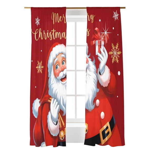 Red Santa Christmas Sheer Curtains 108 Inch Long 2 Panels, Xmas Snowflake Merry Christmas Light Filtering Rod Pocket Semi Sheer Curtains, Sheer Voile Drapes for Living Room Bedroom, 52"x108"