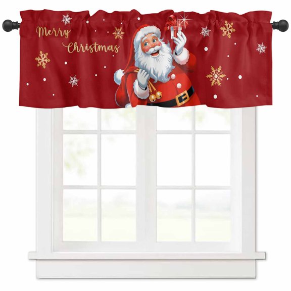 Red Santa Christmas Valances for Windows, Xmas Snowflake Merry Christmas Light Filtering Window Treatment Valances, Rod Pocket Small Curtains for Kitchen/Bathroom, 54"x18"