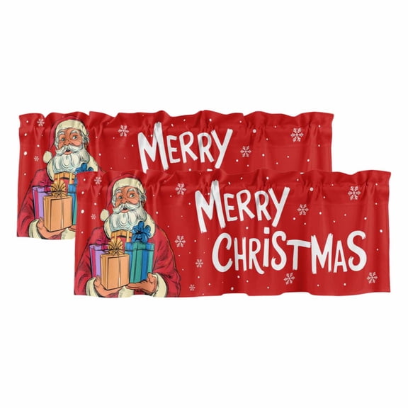 Red Santa Claus 2 Panels Kitchen Valance, Xmas Box Snowflakes Merry Christmas Curtains Valances for Small Windows Rod Pocket Window Treatments for Living Room Bedroom 42" W x 12" L
