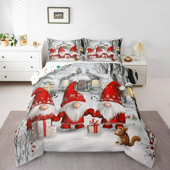 Red Santa Claus Comeforter Set Cute Christmas Gnome Squirrel King Bedding Set Xmas Cabin Snowflake Tree Branch Down Comeforter,Watercolor Winter Theme Bed Set