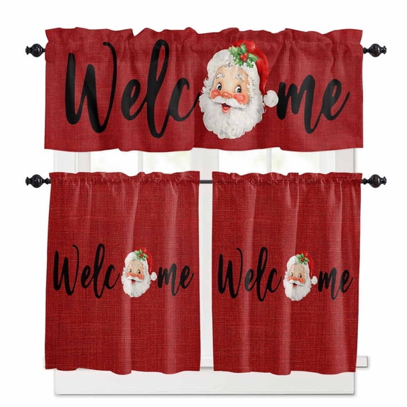 Red Santa Claus Kitchen Curtains and Valances Set, Christmas Welcome Linen Rod Pocket Window Valance 18 Inch Window Curtain Panels for Living Room Bedroom Laundry, 27.5x36in, 3 Pieces