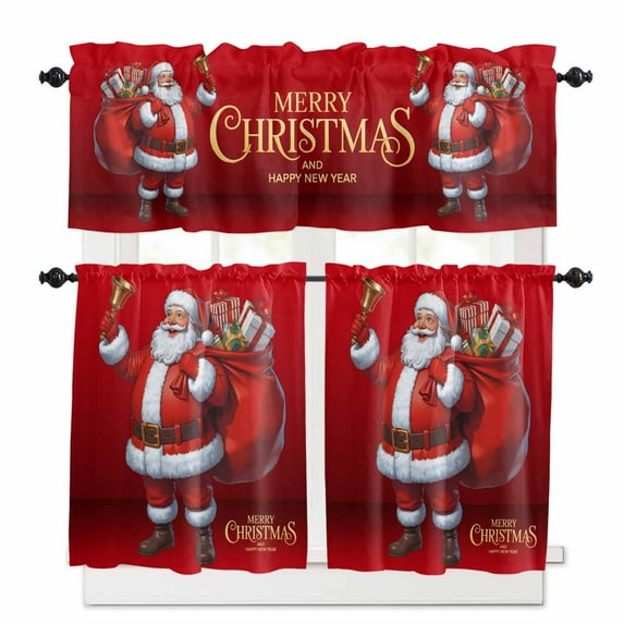 Red Santa Claus Kitchen Curtains and Valances Set, Merry Christmas Vintage Santa Gifts Bell Rod Pocket Window Valance Window Curtain Panels for Living Room Bedroom Laundry, 27.5x24in, 3 Pieces