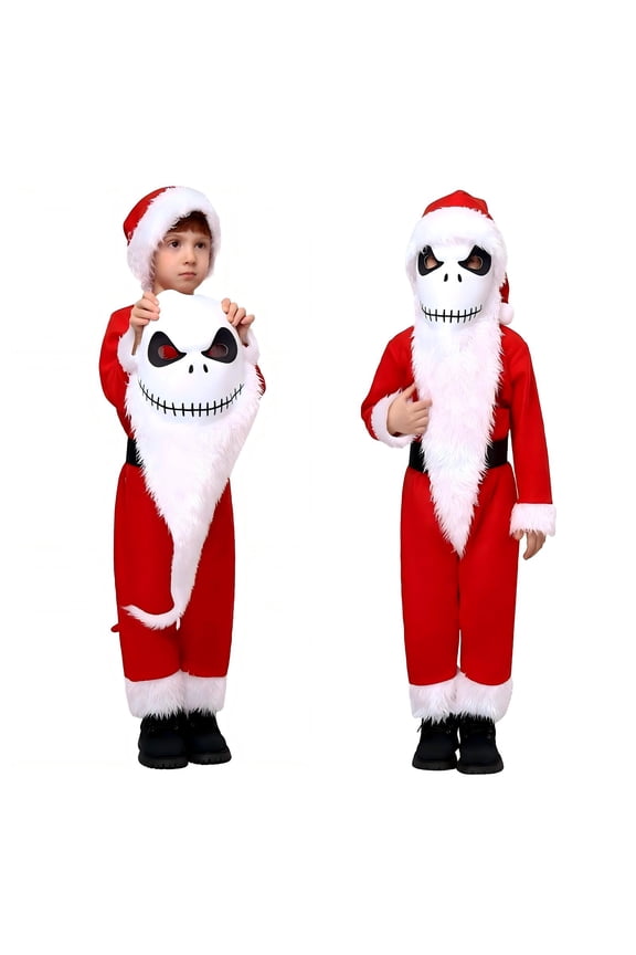 Red Santa Claus Nightmare Skeleton Jumpsuit Costume with Skull Beard Mask Hat Belt for Holiday Cosplay Dress Up