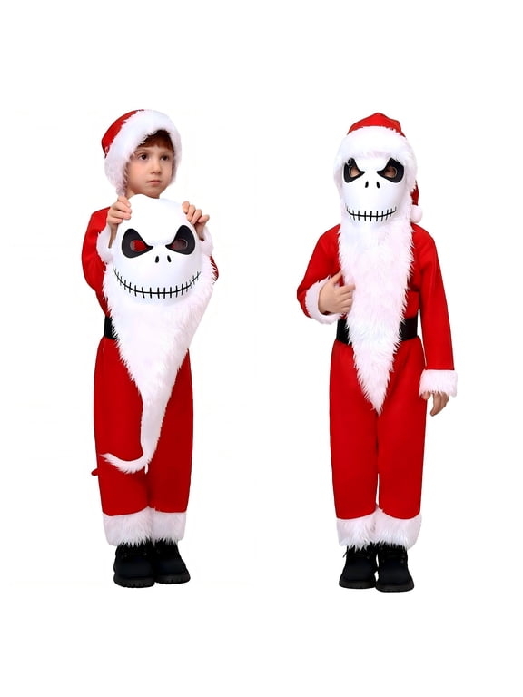 Red Santa Claus Nightmare Skeleton Jumpsuit Costume with Skull Beard Mask Hat Belt for Holiday Cosplay Dress Up