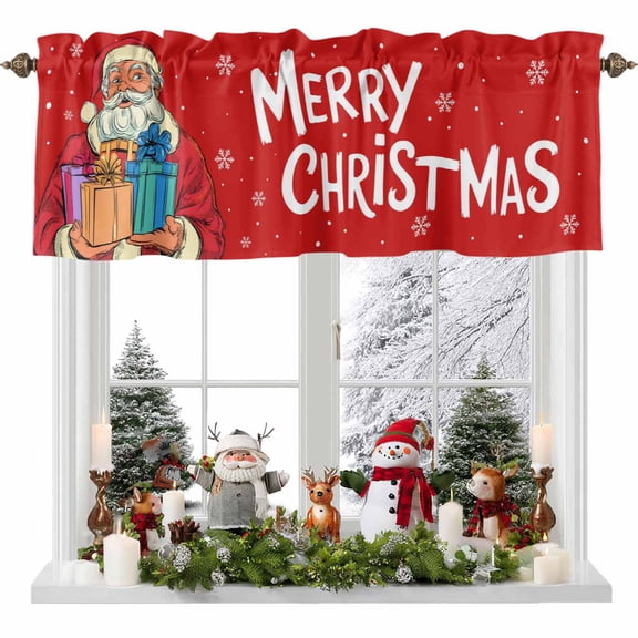 Red Santa Claus Valances for Windows, 42 x 18in, Xmas Box Snowflakes Merry Christmas Rod Pocket Kitchen Valance Curtain Light Filtering Window Treatments for Living Room Bedroom, 1 Panel