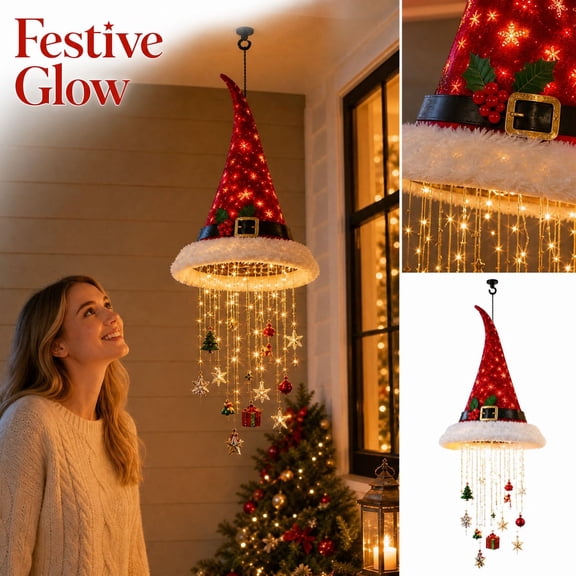 Red Santa Hat Chandelier with Led Lights and Hanging Ornaments, for Living Room, Ceiling Light Fixture Decoration
