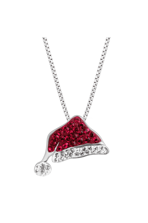 Red Santa Hat Christmas Holiday Pendant Necklace with Swarovski Crystals in Sterling Silver