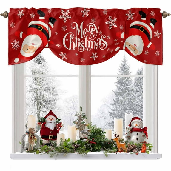Red Santa Tie Up Valances Curtain, Xmas Snowflake Winter Merry Christmas Adjustable Rod Pocket Short Window Treatment Tie Up Curtains Valances for Kitchen Living Room Bathroom 42x18 Inches