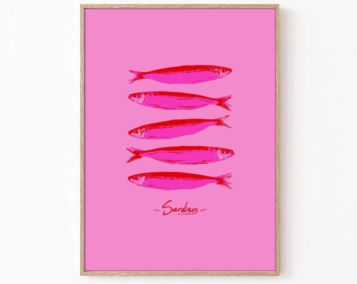 Fish Rad Wal Red Sardines Wall Art Print, Bold Retro Fish Illustration, Eclectic ...