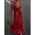 thumbnail image 1 of Red Satin Bow Strap Deep V-Neck Maxi Dress For Formal Events, Parties, Weddings, Galas, 1 of 8