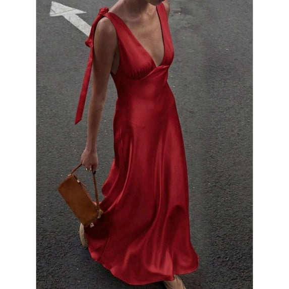 Red Satin Bow Strap Deep V-Neck Maxi Dress For Formal Events, Parties, Weddings, Galas