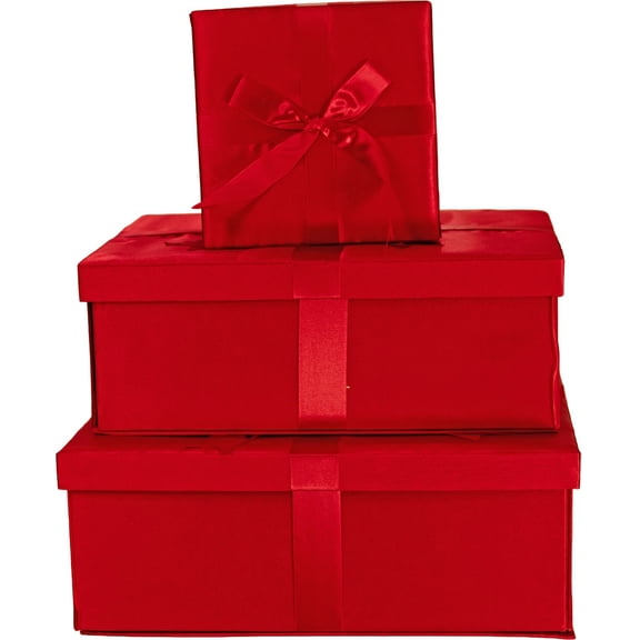 Red Satin Christmas Boxes Ribbon Bows Gift Wrapping Holiday Set of 3