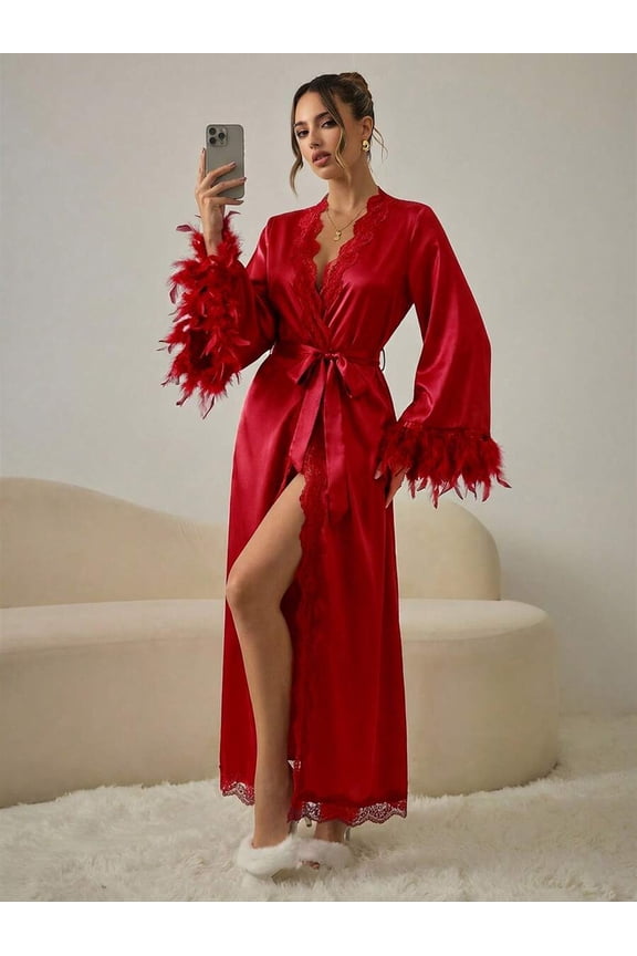 Red Satin Lace-Trimmed Boudoir Robe With Feather Cuffs And Sash Tie