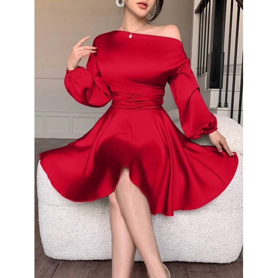 Red Satin Off-Shoulder Puff Sleeve Ruched Waist A-Line Mini Dress