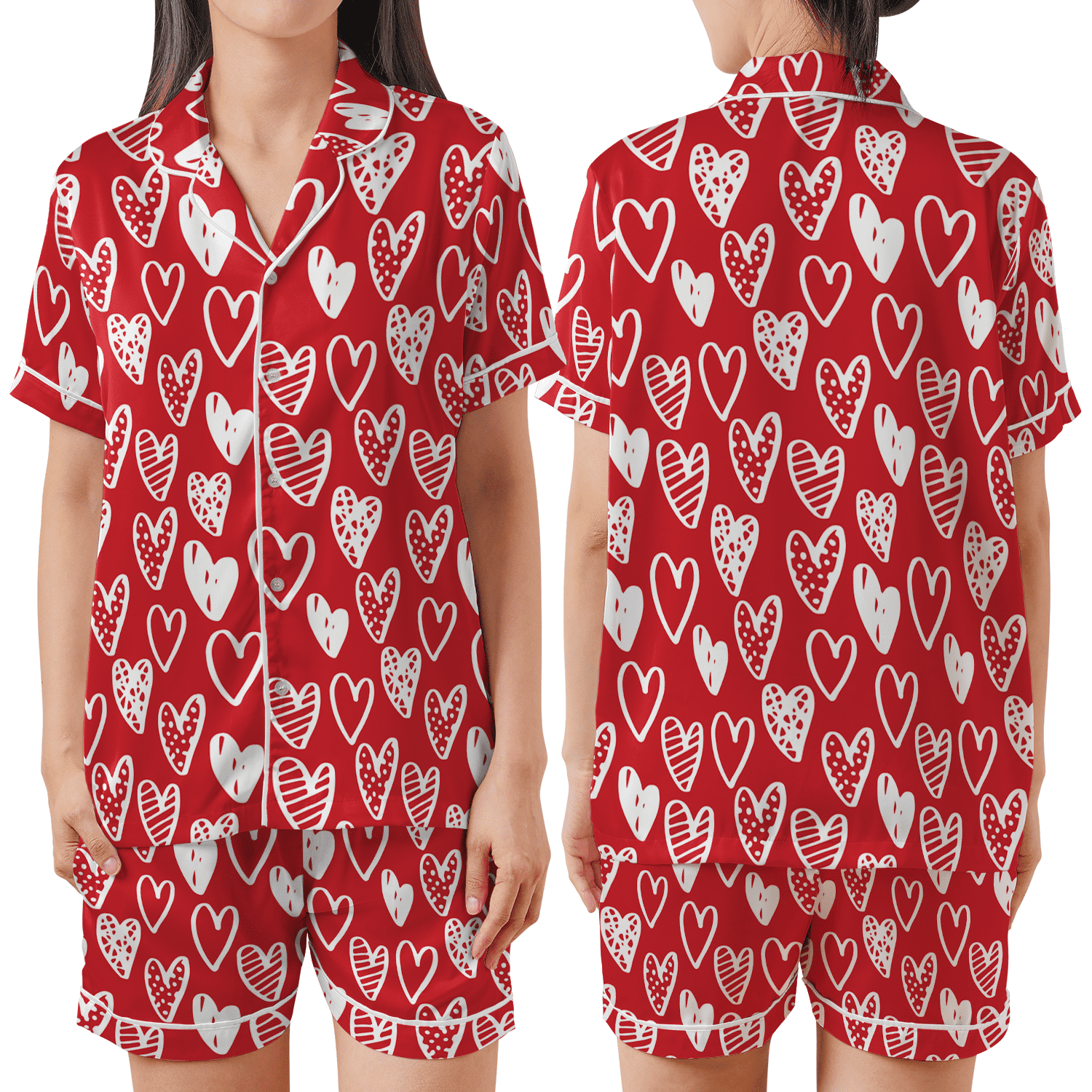 Red Satin Pajamas Set Heart Print Sleepwear for Women, Christmas — free download