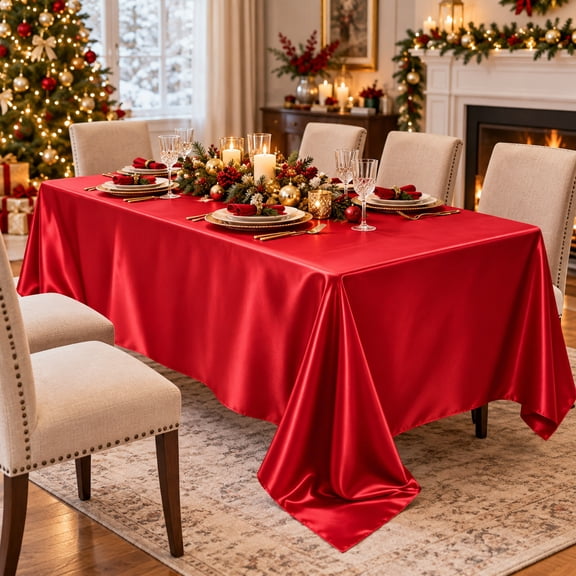 Red Satin Tablecloth with Rectangular Polyester Design, 57 X 84 Inches, for Wedding and Party Decor, Table Cover