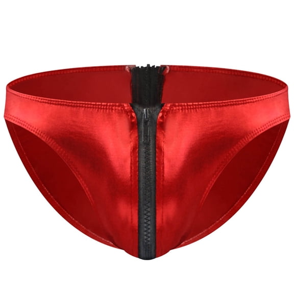 Red Satin Underwear for Men with Zipper Fly - Mens Shiny Briefs, Novelty Fashion Style, Free Size,Size Free Size
