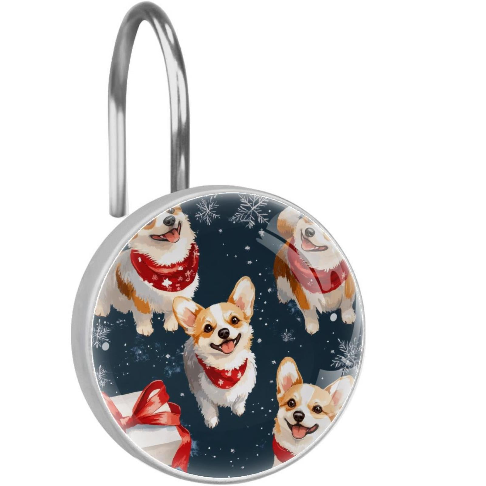 Red Scarf Corgis Shower Curtain Hooks Round Crystal Glass, Set of 12 Shower Curtain Rings - Shower Hooks for Curtain Shower Rings