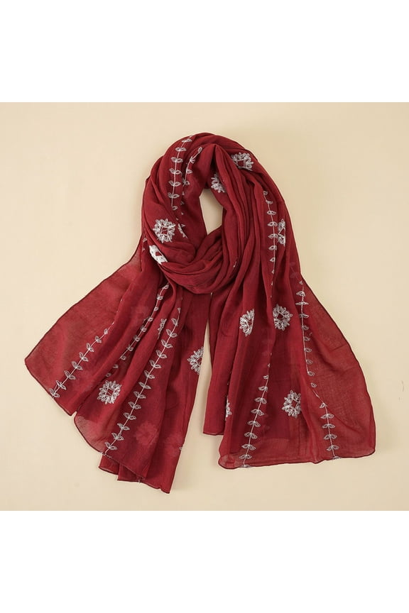 Red Scarf Women Fashion Thin Plain Embroidered Cotton and Linen Long Scarf