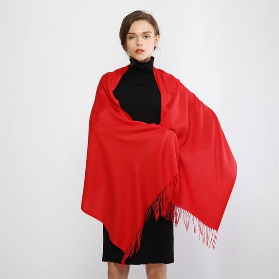 Red Scarf Women Pashmina Scarf Soft Solid Plain Shawl Wrap Fashion Warm Neck with Fringes