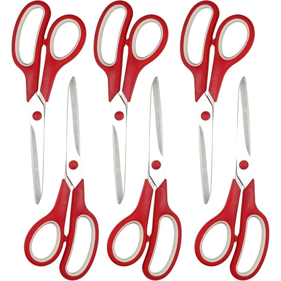 Red Scissors Bulk, 8" All Purpose Scissors Pack of 6- High Performance and Designed for Comfort and Cutting - Sharp to Cut but Soft to Hold. Perfect for Art, Crafts and the Office