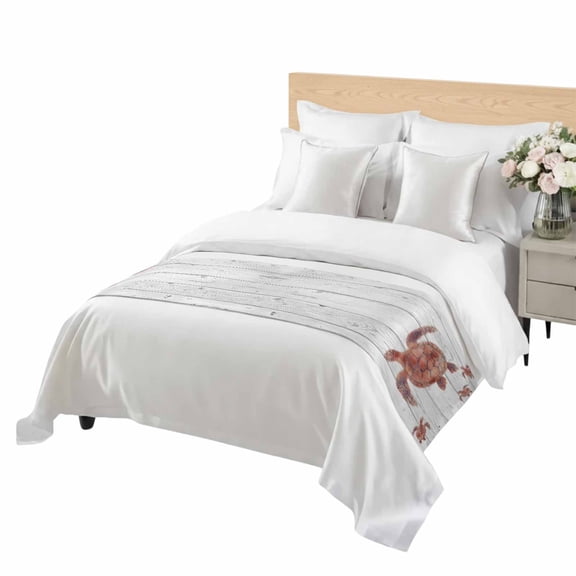 Red Sea Turtle Bed Runner for Twin Size Bed, Summer Nautical Vintage Ocean Grey Wood Grain Soft Bedding Scarf Bedding Protector Slipcover Sofa Throw for Bedroom Hotel Guesthouse