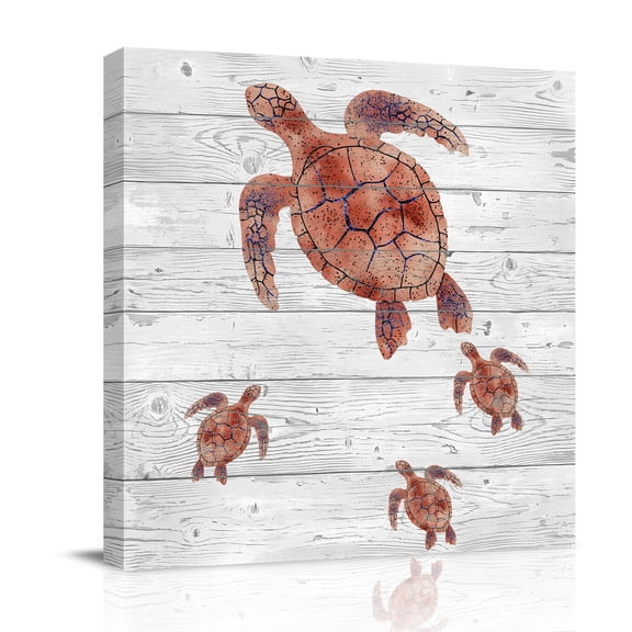 Red Sea Turtle Canvas Wall Art for Living Room, Summer Nautical Vintage Ocean Grey Wood Grain Poster Print Painting for Bedroom Office Home Decoration Wall Pictures Prepare To Hang 8"x8"