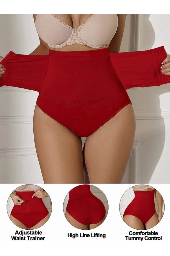 Red Seamless High-Waist Shapewear Briefs With Adjustable Front Hook Closure