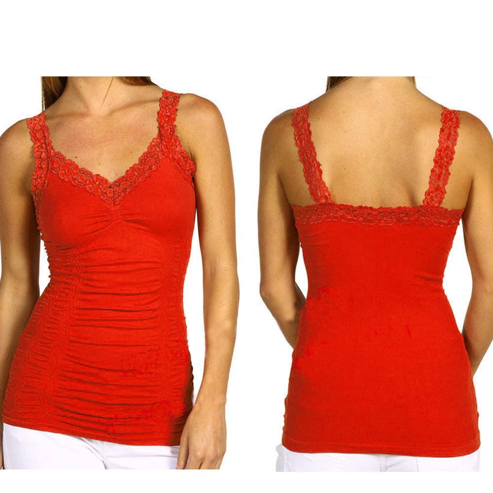 Red Seamless Ladies Wrinkled Camisole Lace Strap Tank Top Red Seamless Ladies Wrinkled Camisole Lace Strap Tank Top