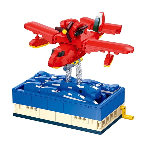 Red Seaplane Building Blocks, 581 PCS Porco Rosso Aircraft Model with Hand-Cranked Wave Base, Premium Collectible Decor for Anime Fans