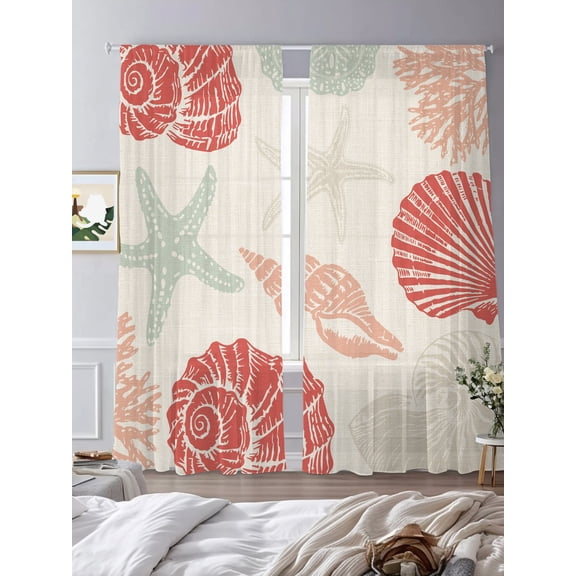 Red Seashells Starfish Sheer Curtains 2 Panels Set Marine Life on Retro Linen Lihgt Filtering Rod Pocket Voile Drape,Semi Sheer Window Curtains for Bedroom Living Room,52"x84"