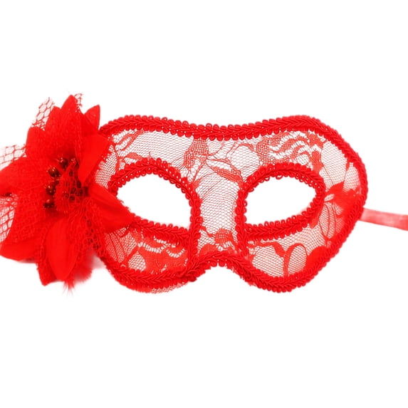 Red Semi-Transparent Lace Masquerade Eye Mask with Side Feather Flower, Lace Masquerade Mask, Mask for Masquerade Party, Womens Masquerade Mask, 7X3.5 in Glitter Gauze Halloween