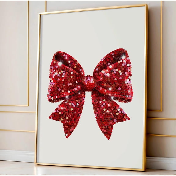 Red Sequin Bow Print, Coquette Room Decor Home Decor UNFRAMED Poster, Wall Art for Decor, Present, 8x12