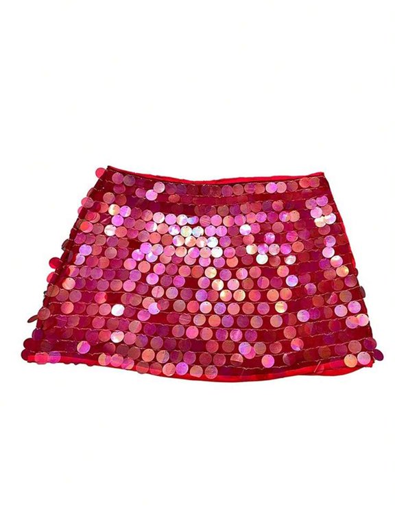 Red Sequin Mini Skirt With Side Split And Tie-Up Detail
