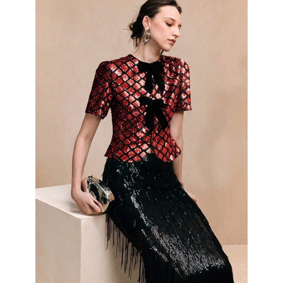 Red Sequin Velvet Top With Black Bow Detail Ruched Waist Puff Sleeve Elegant Womens Blouse