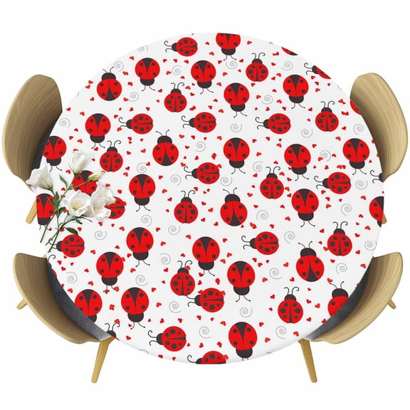 Red Seven Star Ladybirds Fitted Round Tablecloths Elastic Edged Table Covers 55"-60",Waterproof Table Cloth for Kitchen Holiday Party Tables Decor