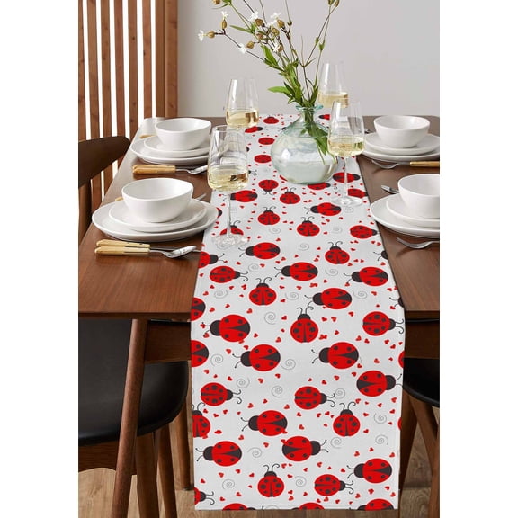 Red Seven Star Ladybirds Table Runner 13x72in Non-Slip Cotton Linen Table Runners, Country Insects Pattern Dresser Scarves TableRunner for Dinner Kitchen Dining Wedding Party