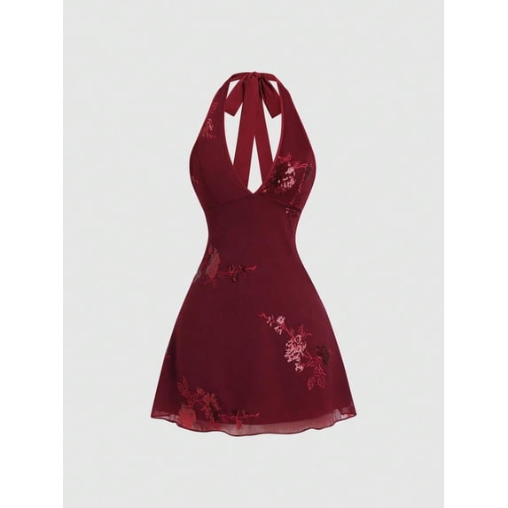 Red Sexy Chic Summer Sequin Embellished Halter V-Neck Waist Cinched Bodycon Mini Dress