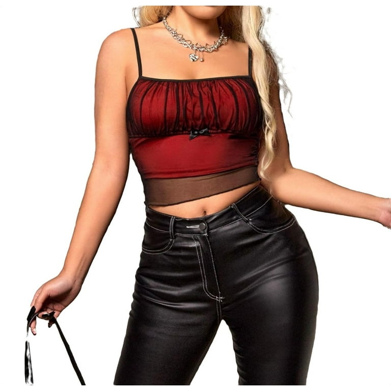 Red Sexy Colorblock Ruched Bust Cami Spaghetti Strap Women's Tank Tops  Camis 