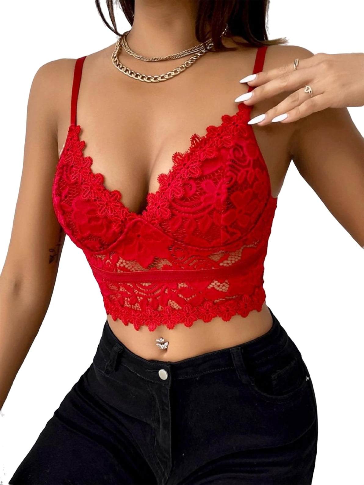 Red Sexy Plain Contrast Lace Cami Spaghetti Strap Women's Tank Tops Camis