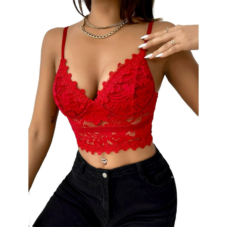 Red Sexy Plain Contrast Lace Cami Spaghetti Strap Women's Tank Tops Camis 