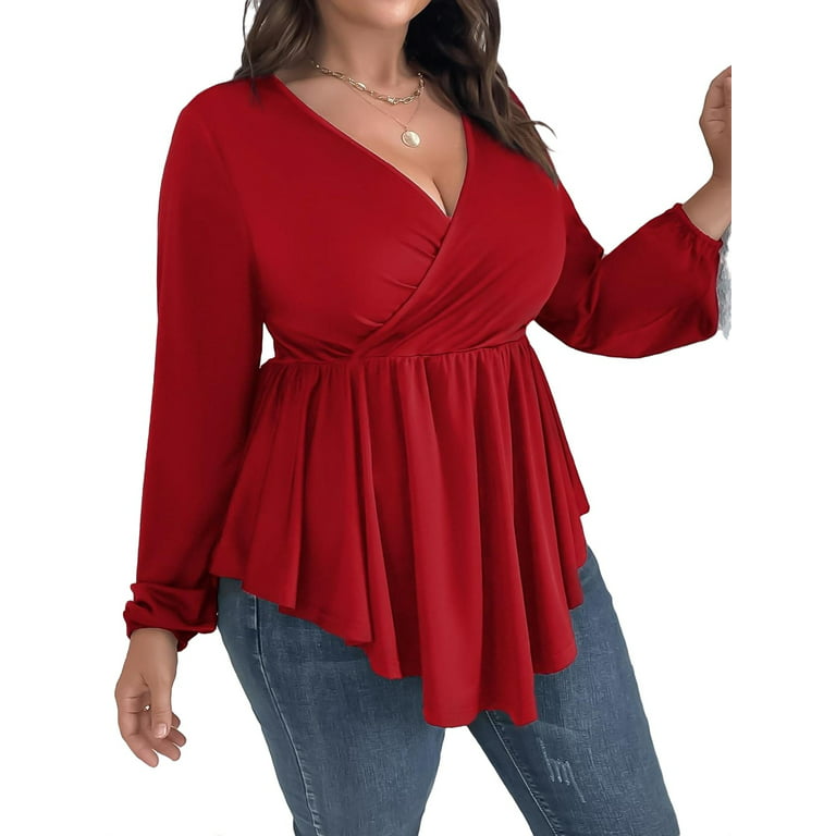 Red Sexy Plain Deep V Neck Long Sleeve Plus Size T-shirts (Women's Plus  Tops ) 