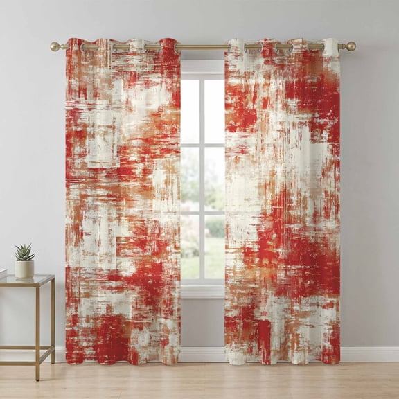 Red Sheer Curtains 63 Inch Long 2 Panels, Modern Abstract Gradient Red Geometric Texture Light Filtering Semi Sheer Drapes Grommet Voile Window Curtain for Living Bedroom W52 x L63