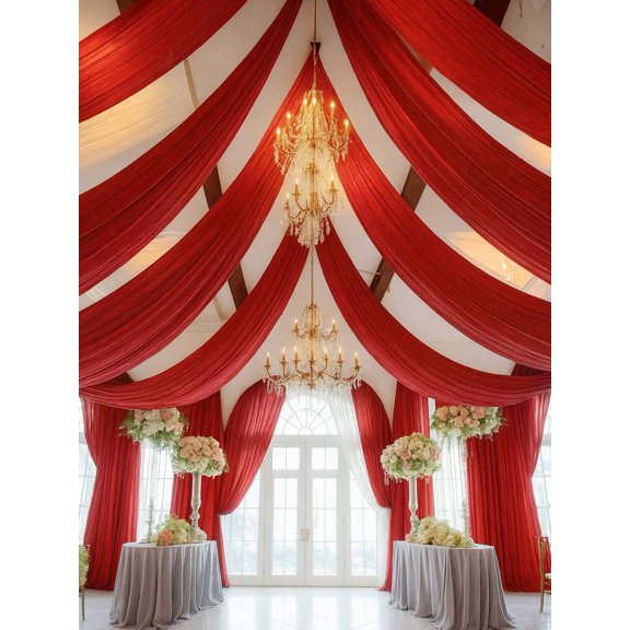 Red Sheer Voile Fabric Backdrop 393 Inch Long For Wedding Ceremony Home Decor