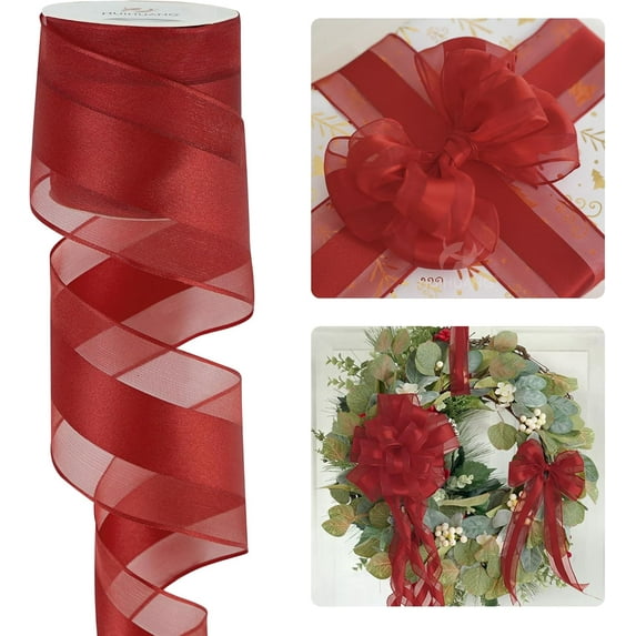 Red Sheer Wired Ribbon with Satin Stripe 2.5 inch Red Christmas Ribbon for Trees, Bows Making, Wreaths, Garland, Gift Wrapping, Wedding Home Decor-Continous 10 Yards