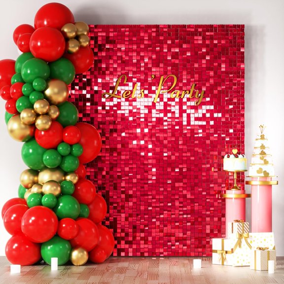 Red Shimmer Wall Backdrop,24PCS Square Sequin Shimmer Backdrop Panel, Photo Backdrops for Birthday, Anniversary, Wedding, Graduation & Bachelorette Party Decoration